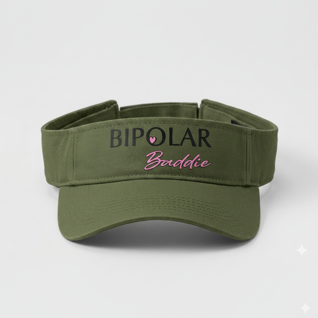 Green visor with 'Bipolar Baddie' text on a white background