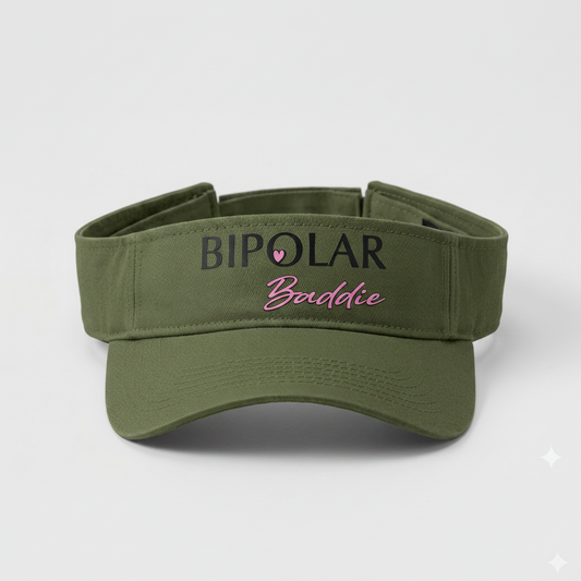 Green visor with 'Bipolar Baddie' text on a white background